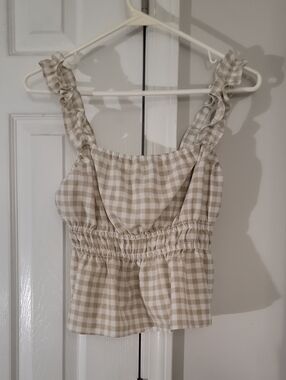 Divided Beige and White Gingham Ruffle-Strap Tank